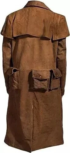 Men's Brown Faux Leather Trench Coat | Full-Length Duster Coat | Vintage Style - Image 4 of 4