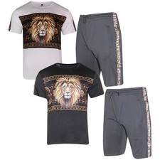 Mens Polyester T Shirt  Shorts Set LION PRINT Tracksuit Summer Comfortable Fit