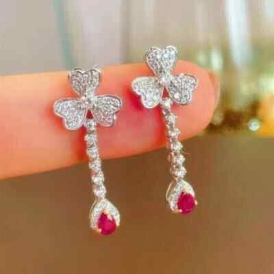 3.90Ct Pear Cut Lab-Created Red Ruby Drop Earrings 14K White Gold Plated Silver