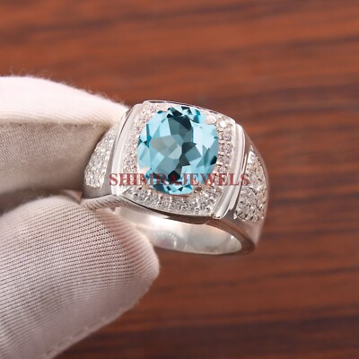 Natural Blue Topaz Gemstone With 14K White Gold Plated Silver Men's Ring #1399