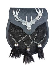 Scottish Handmade Black Real Leather Scottish Kilt Sporran With Staghead Badge