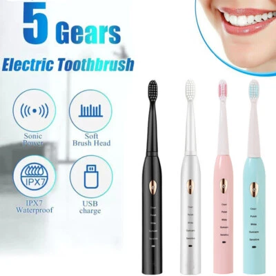 Sonic Electric Toothbrush USB Rechargeable 2 Min Timer 5 Modes 4 Brush Heads