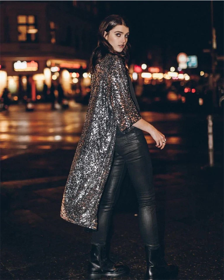 Hot Women Sequin Cardigan Long Sleeve Open Front Jacket Blazers Party Holiday - Image 2 of 4