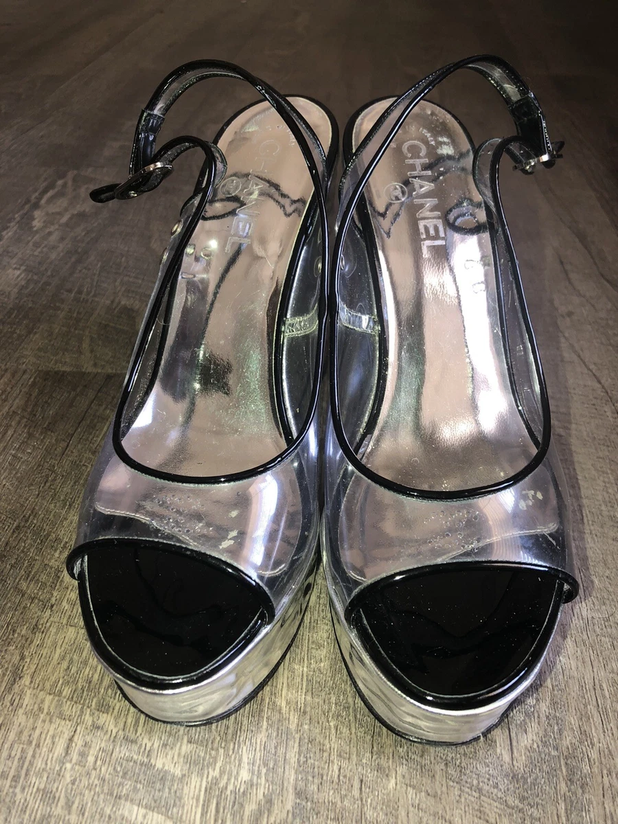 CHANEL Clear & Silver Logo Platform Slingback sandals heels 40.5 10.5