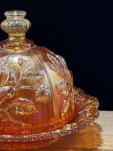 Stunning Antique Imperial Glass Open Rose In Marigold Butter Dome Dish - Picture 7 of 17