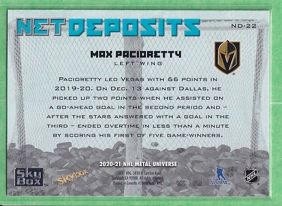 2020-21 Skybox Metal Universe Net Deposits #ND-22 Max Pacioretty Golden Knights - Image 2 of 2