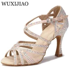 Women Satin Shining rhinestones Soft Bottom Latin Dance Shoes Salsa Dance heel
