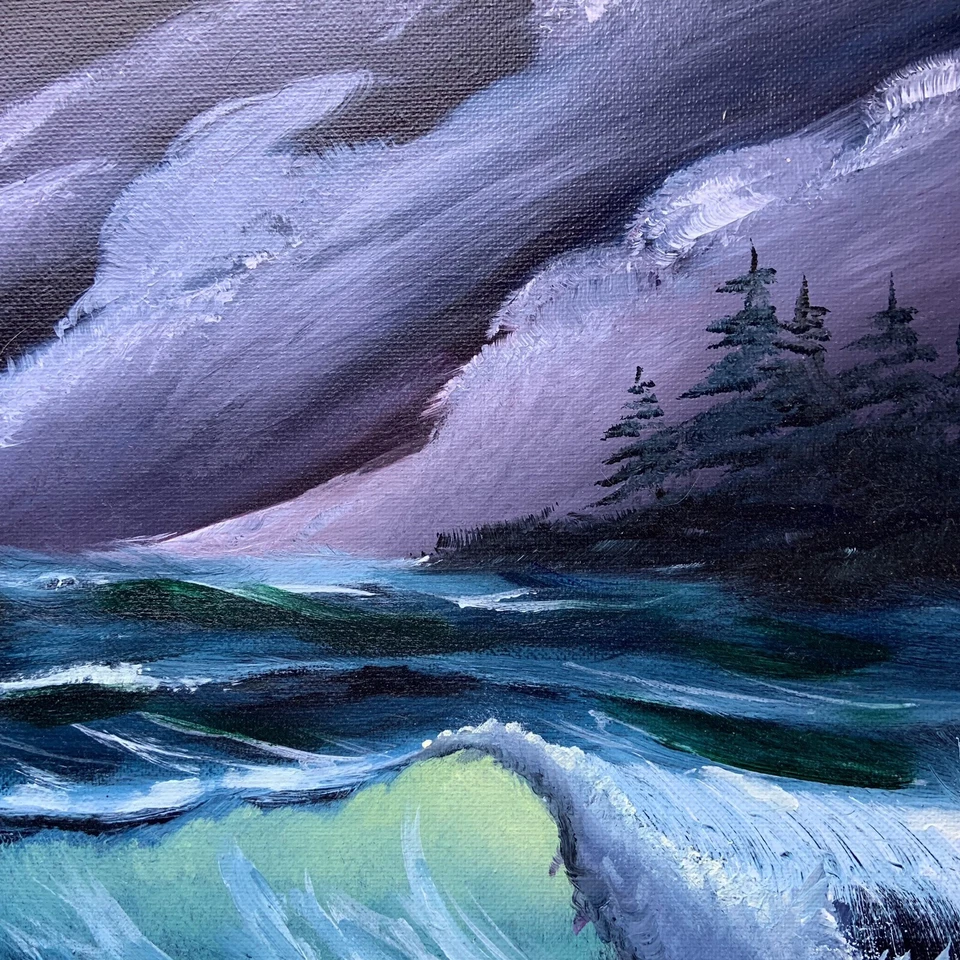 Pintura Original Paisaje Marino Negro Tormentoso Océano Playa 16x20 (Estilo Bob Ross) Foto 3 de 4