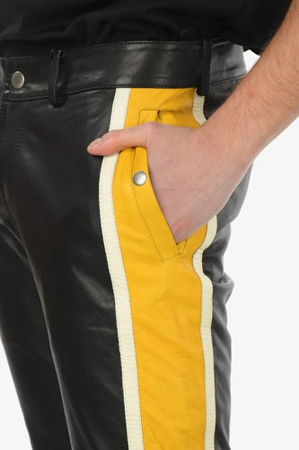 Men's Real Cow Leather Black And Yellow Biker Pant Sexy And Gay - Picture 2 of 4