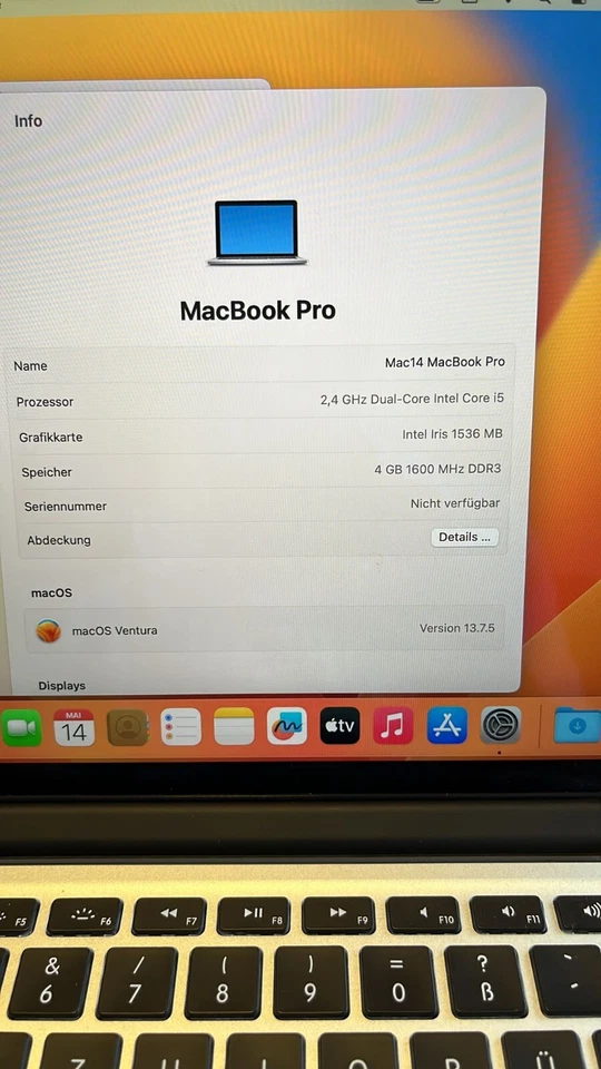 Apple MacBook Pro 13 Retina mitte 2014 Notebook i5 2.4 Ghz Ventura 13.7.5 OVP - Bild 3 von 4