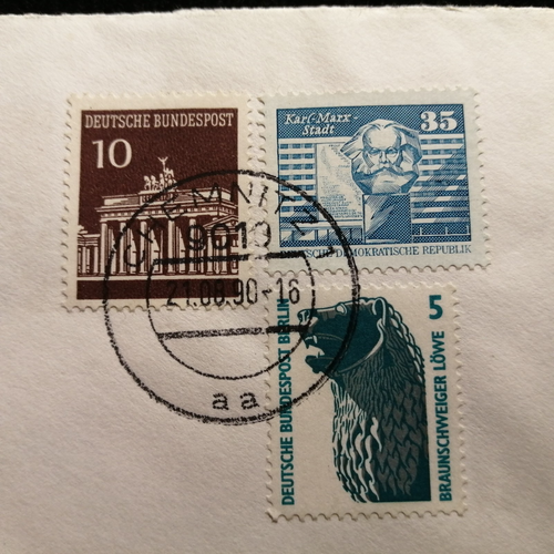 Bund BRD Deutschland 21.08.1990-Brief nach der Wende mit BRD + DDR Marken - Photo 2 sur 3