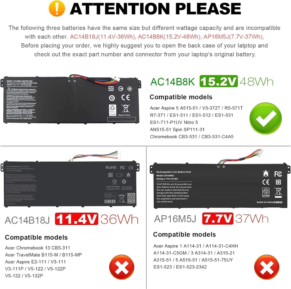 Аккумулятор AC14B8K для Acer Chromebook и Aspire V3-371 4 ячейки 48 Втч перезаряжаемый - Изображение 4 из 4