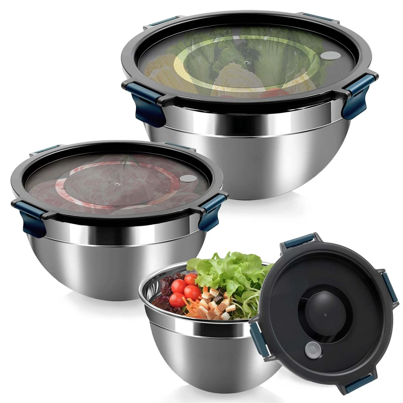 Mixing Bowls with Airtight Clear Lids Set of 3,Thicker Stainless Steel Mixing...