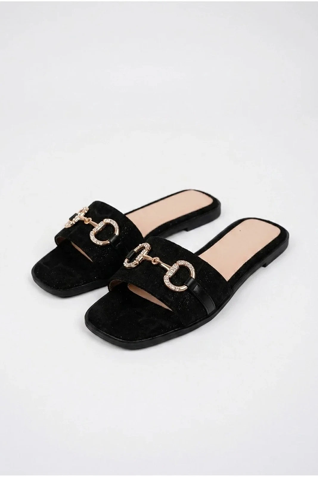 Black Rhinestone Horsebit Slide Sandals Faux Suede Flat