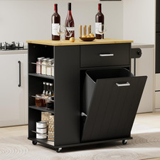 Rolling Kitchen Island w/Trash Can Storage, Black  Portable  Movable  Lockabl