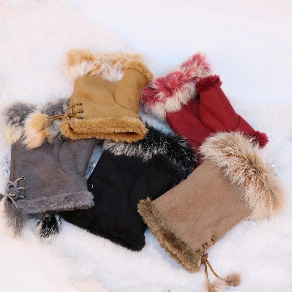 Women Winter Fur Fingerless Gloves Mittens Soft Warm Fur Lined Ladies Mittens - Image 4 of 4