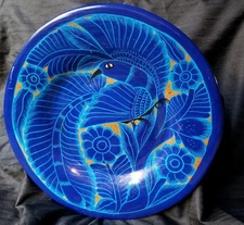 VINTAGE MEXICAN TONALA HAND MADE/PAINTED POTTERY WALL  PLAQUES 1 Red & 1 Blue 