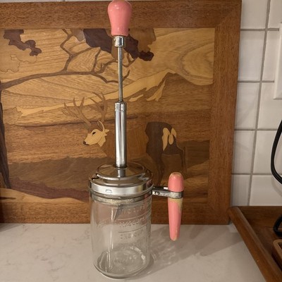vintage kitchen tool Hazel-Atlas Glass Food and Nut Chopper Pink Wood Handles