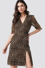 NA-KD Women's Dress Wrap Front Slit Detail Dress Leopard Print, 34