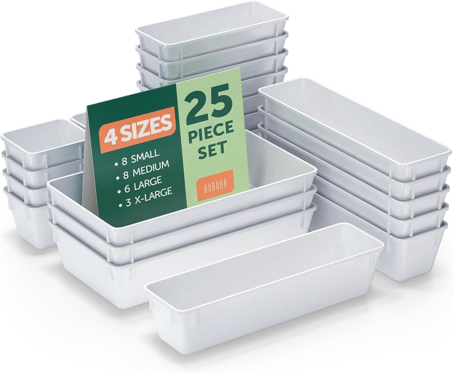 25-Piece White Plastic Drawer Organizer Set in 4 Sizes for Home Storage