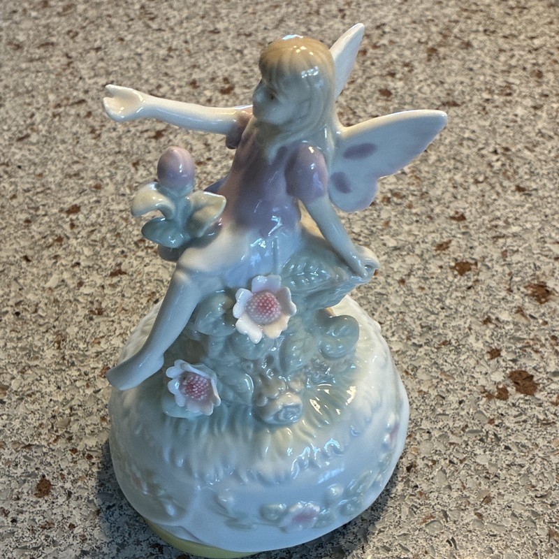 Glossy Porcelain Fairy Figurine w/ Wings Music Display 