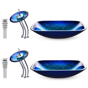 Aquaterior 2 Packs Rectangle Glass Sink Artistic Vanity Basin Waterfall Faucet