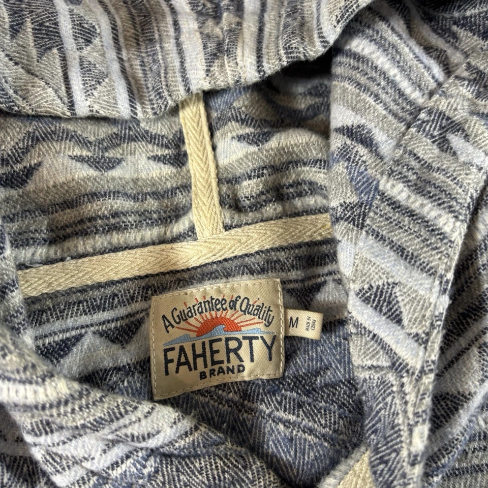 Faherty Pacific Hooded Blue Aztec Cotton Poncho Pullover Hoodie Size Medium - Image 2 of 4