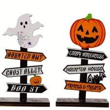2pcs Halloween Wooden Signs Pumpkin Ghost Table Decor Haunted House Display