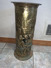 Vintage Brass Patina Embossed Umbrella Stand or Cane Holder - Pub Scene 18.5in