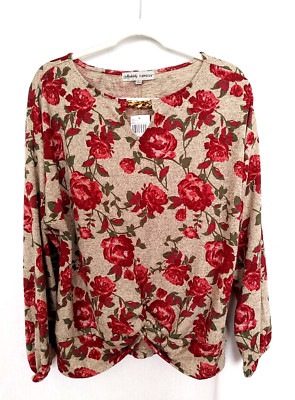 Absolutely Famous Top Twisted Front Hemline Oatmeal Red Floral Size L NEW #16604