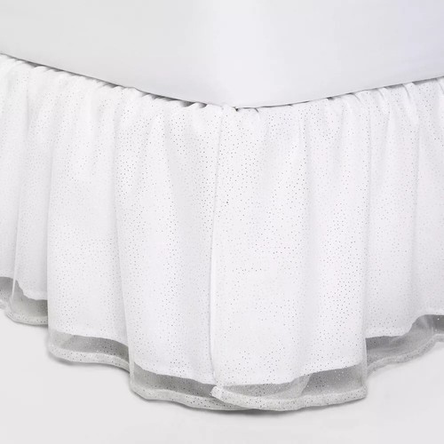 Pillowfort White Glitter Dot Tulle Bedskirt Size Queen 14" Drop Length