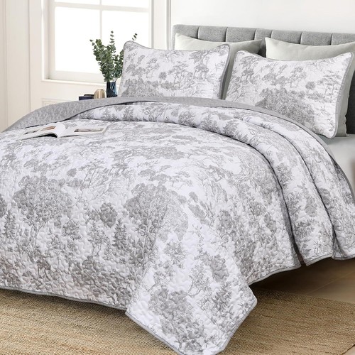 WONGS Queen 3-Pc Botanical Quilt Set-Toile Floral Microfiber Coverlet All Season - Picture 21 of 103