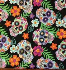 Sugar Skulls on Black Background.Pleated Reuse Cotton Mask.