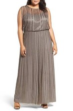 ADRIANNA PAPELL Lead Taupe Beaded Sheer Yoke Blouson Maxi Gown Dress 18W = 2X