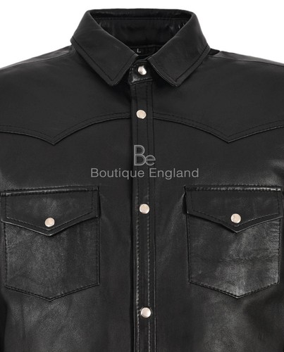 Mens Leather Shirt Collared Black Casual Retro Genuine Leather Shirt Jacket 6552 - Picture 8 of 9
