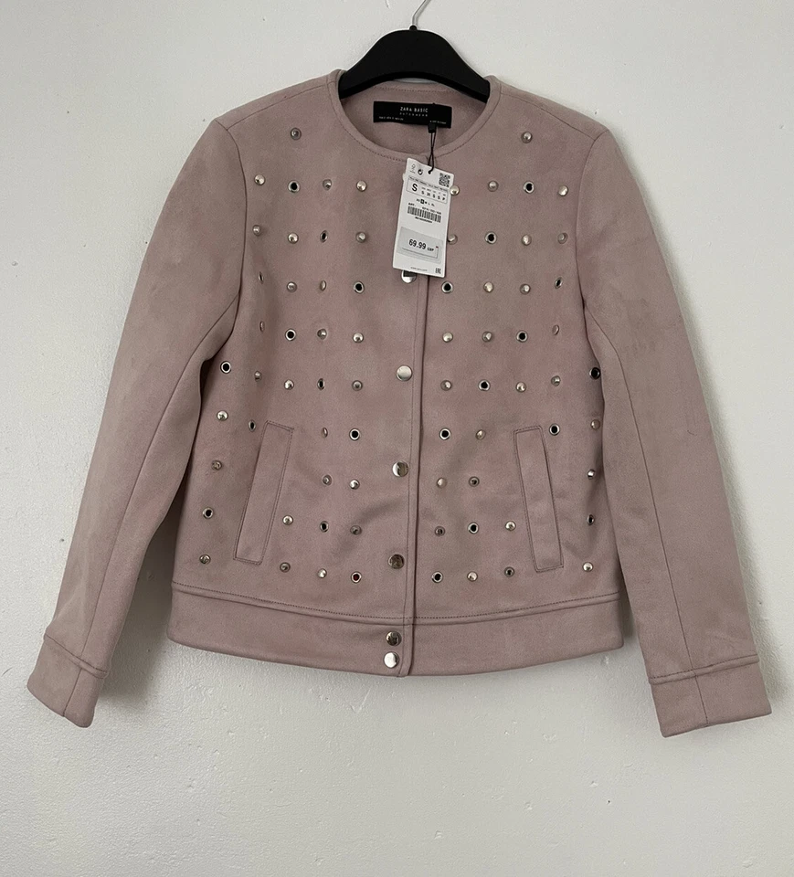 ZARA LIGHT PINK SUEDE EFFECT STUDDED JACKET WITH ZIPPED POCKETS SMALL RRP£70 NEW - Image 2 of 4