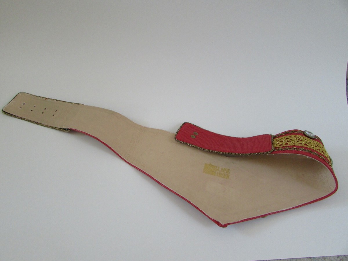 VTG LAISE ADZER Red Leather Gold Beaded Statement Belt Sz M  display picture 1