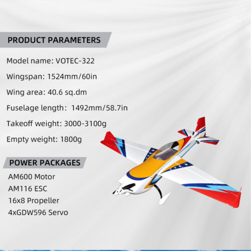 VOTEC322 70E 60in Wing Span 3D Acrobatico RC Aereo Elettrico ARF Balsa Legno - Foto 2 di 14