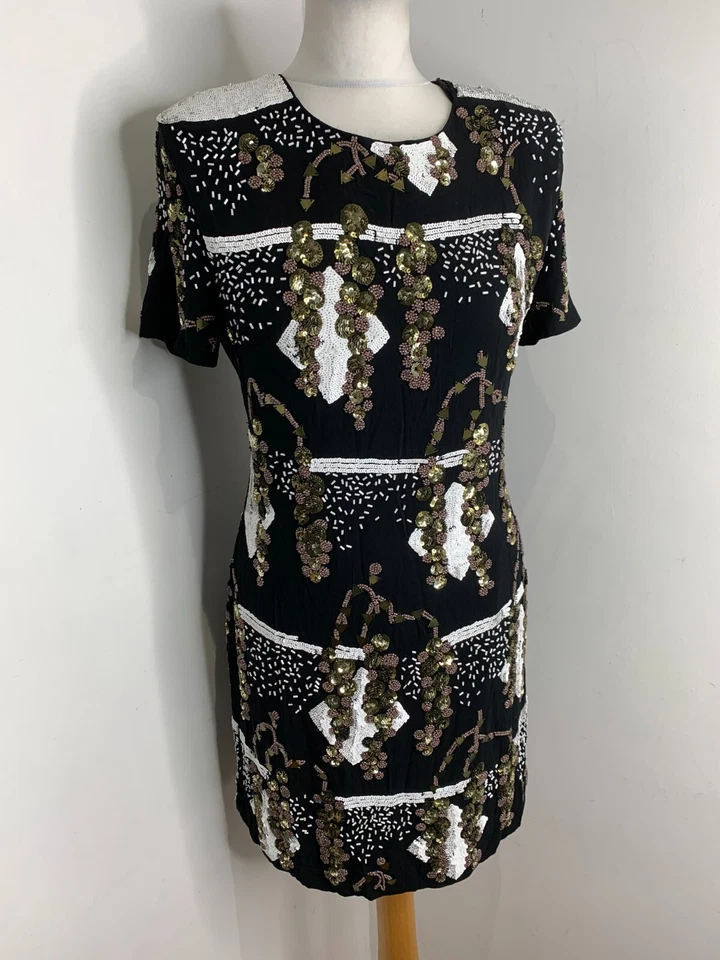 French Connection sequin shift dress 16 VGC black metallic beaded short sleeve — 第 2/4 张图片