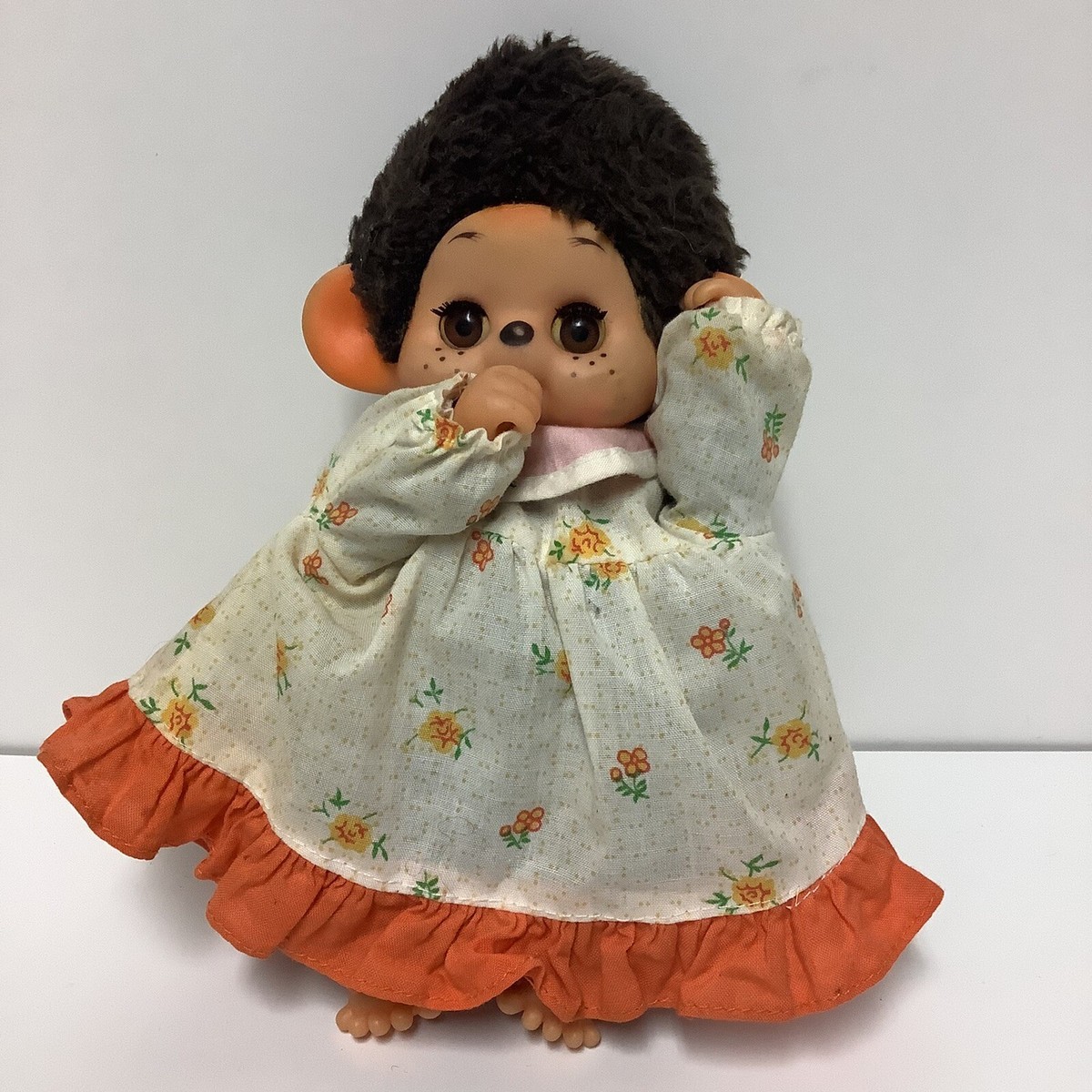 Vintage Monchhichi Doll Sleep Eyes Holes in Ears Wearing