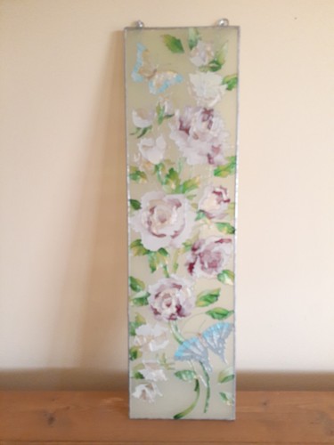 Beautiful Painted Floral/Butterfly Decorative 16 x 4 Hanging Stained Glass - Picture 2 of 17