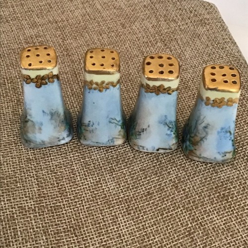 Antike 4 handbemalte Streuer blau und gold Blumen Salz und Pfeffer Japan Rarität - Bild 5 von 8