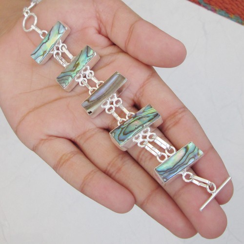 Mother of pearl abalone shell gemstone silver plated bracelet Sz 8" & Adjustable - Picture 9 of 9