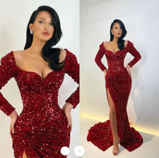 GLAMOROUS LONG SLEEVES SEQUINS EVENING GOWNS MERMAID PROM DRESSES WITH SLIT