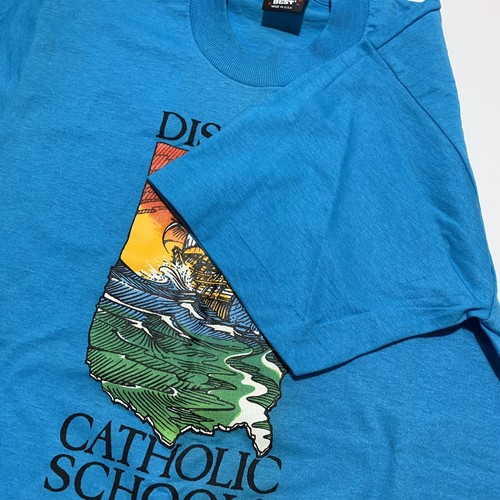 Vintage 90er Jahre Discover Catholic Schools Schiff T-Shirt Erwachsene Größe Medium blau Versand - Bild 3 von 9