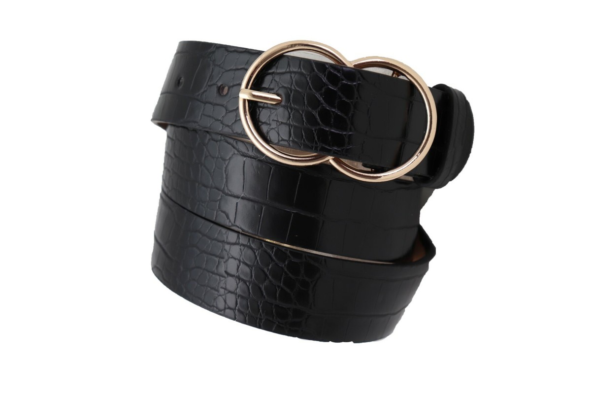 Women Skinny Waistband Belt Black Faux Leather Crocodile  display picture 3