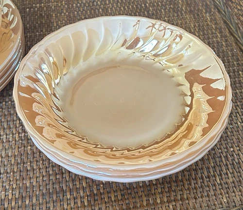 FIRE KING Set of 3 Soup Bowls Peach Luster Lustre SWIRL Vintage Anchor Hocking