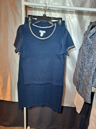 Women Cotton Navy Two Piece Short Sleeve Top & Matching Maxi Skirt w/Side Slits - Picture 6 of 7