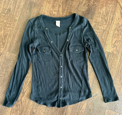 Free People We The Free Black Button Down V Neck Shirt Pockets Size XS