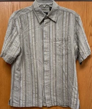 Cotton Reel Button Up Shirt Striped Men's L 100% Silk Embroidered Short Sleeve